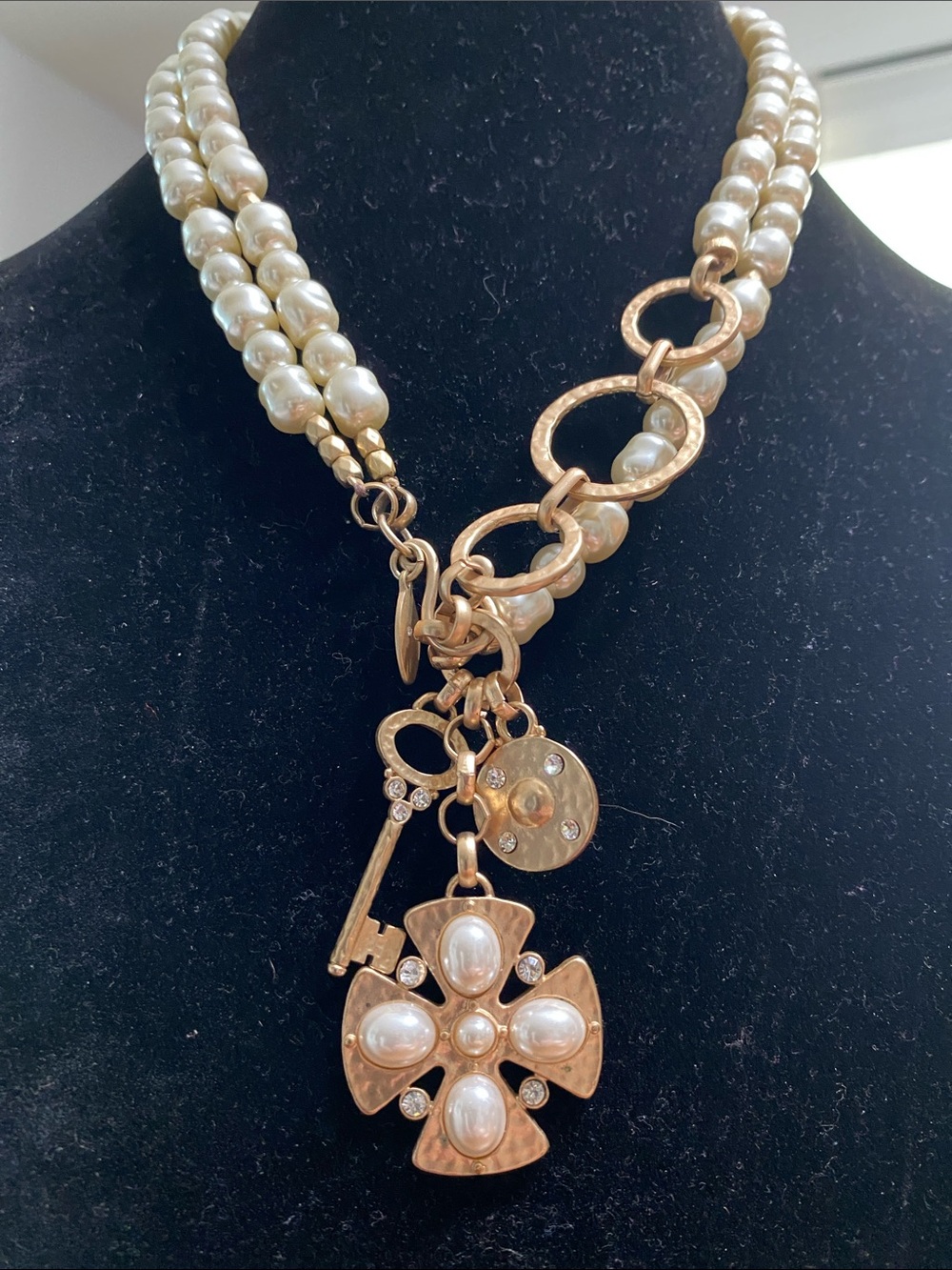 Chico's Gold-Tone Pearl Multi-Strand Necklace with Cross and Key Charms